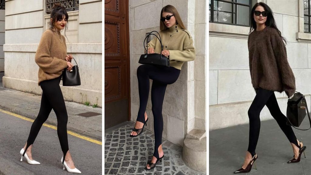 Black stirrup pants styled with relaxed knitwear